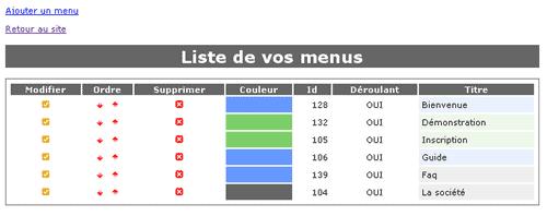 liste des menus